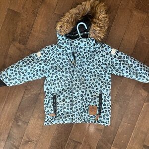 Mini Rodini Blue Leopard Kids Puffer Jacket with Faux Fur Hood